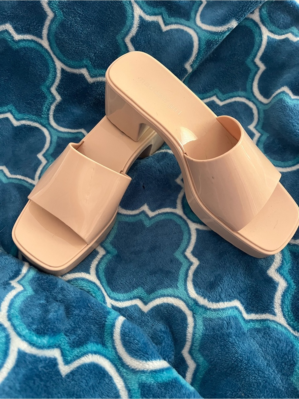 Madden Girl Nude Patent Block Heel Slide Mules